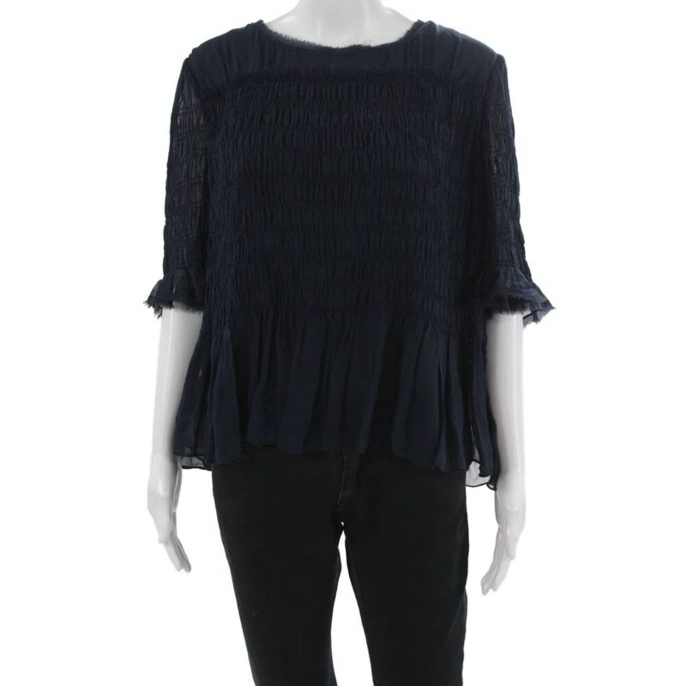 Jason Wu Womens Blue Silk Tunic Blouse Round Neck Pullover 3/4 Sleeve Size 4